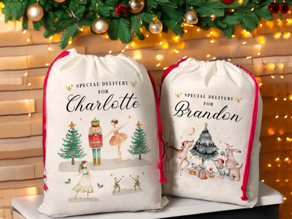 Personalized Christmas Eve Box Nutcracker Ballerina Reindeer Gift Bag for Kids Christmas, Special Delivery Christmas Santa Sack with Name