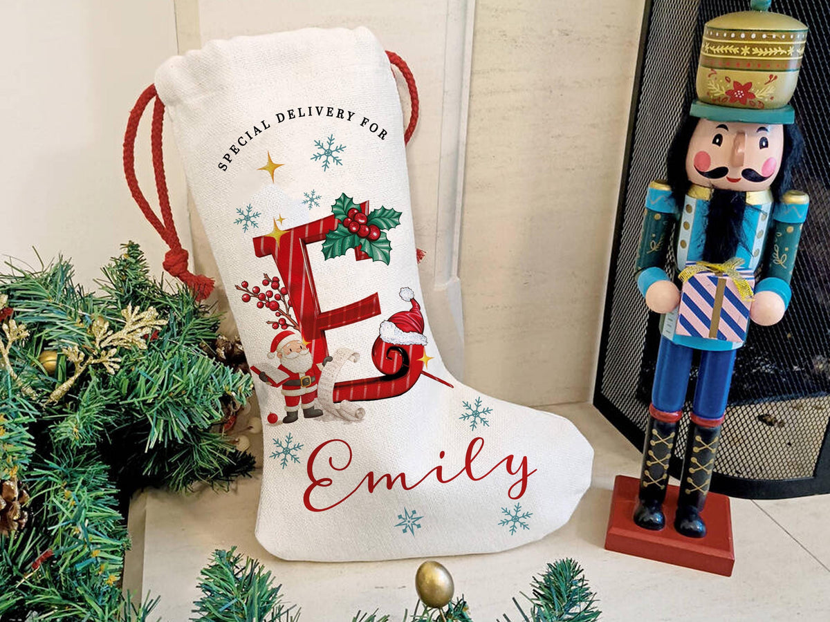 Custom Christmas Santa Stocking with Name, Personalized Christmas Stocking, Special Delivery Kids Stocking for Holiday Family Xmas Gifts