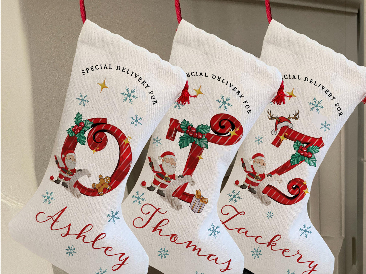 Custom Christmas Santa Stocking with Name, Personalized Christmas Stocking, Special Delivery Kids Stocking for Holiday Family Xmas Gifts