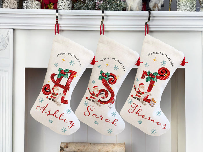 Custom Christmas Santa Stocking with Name, Personalized Christmas Stocking, Special Delivery Kids Stocking for Holiday Family Xmas Gifts