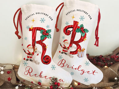Custom Christmas Santa Stocking with Name, Personalized Christmas Stocking, Special Delivery Kids Stocking for Holiday Family Xmas Gifts