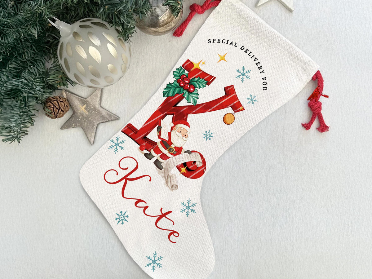 Custom Christmas Santa Stocking with Name, Personalized Christmas Stocking, Special Delivery Kids Stocking for Holiday Family Xmas Gifts