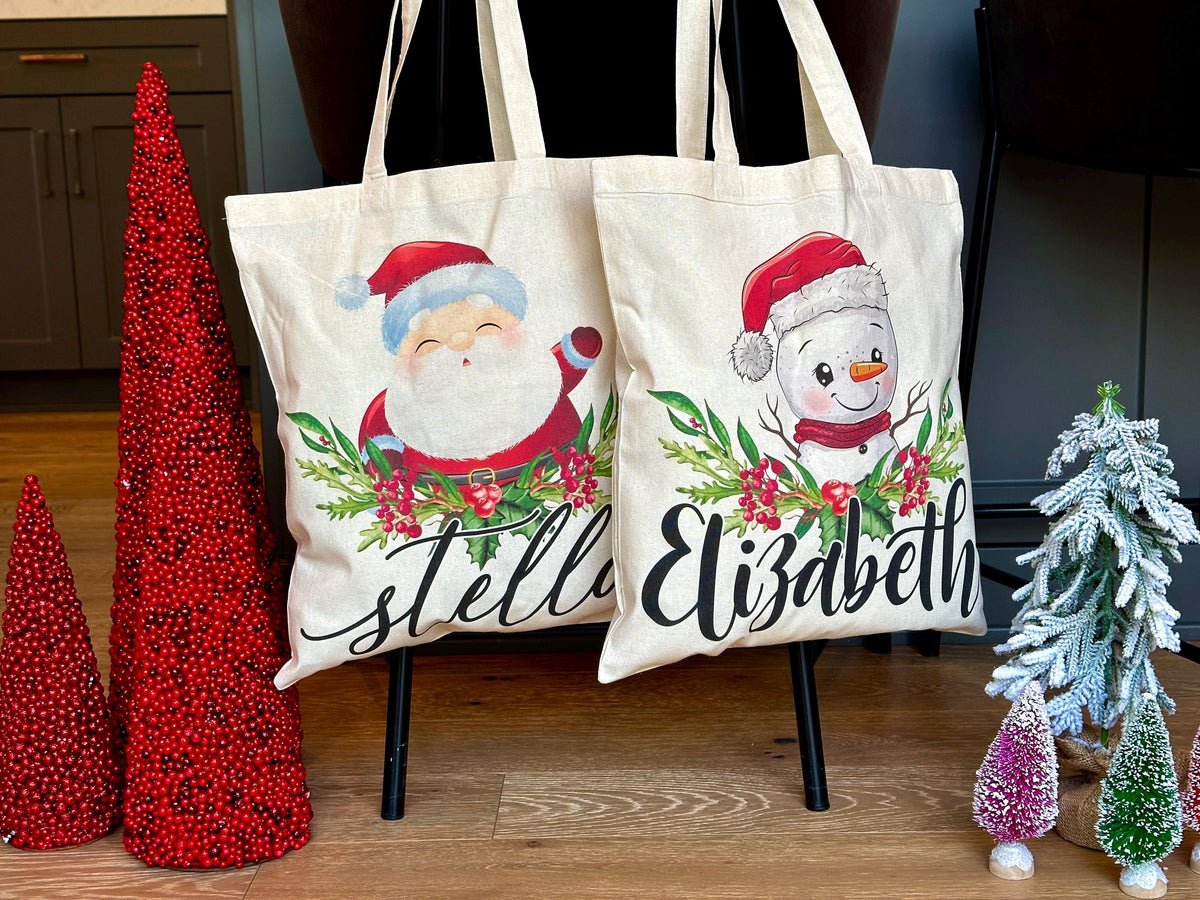 Personalized Christmas Tote Bags Custom Xmas/Noel Totes Bag Gifts Customized Santa Snowman Penguin Reindeer Tree Gnome Goodie Reusable Bags