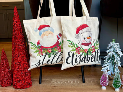 Personalized Christmas Tote Bags Custom Xmas/Noel Totes Bag Gifts Customized Santa Snowman Penguin Reindeer Tree Gnome Goodie Reusable Bags