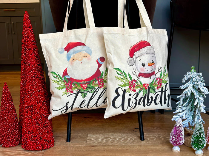 Personalized Christmas Tote Bags Custom Xmas/Noel Tote Bag Gifts Customized Santa Snowman Penguin Reindeer Tree Gnome Goodie Reusable Bags