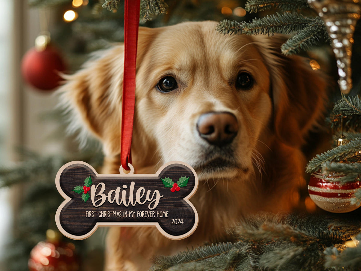 Personalized Dog Bone Christmas Ornament, Custom Pet Name Ornament, Pet Memorial Ornament, New Puppy Ornament, First Christmas Keepsake