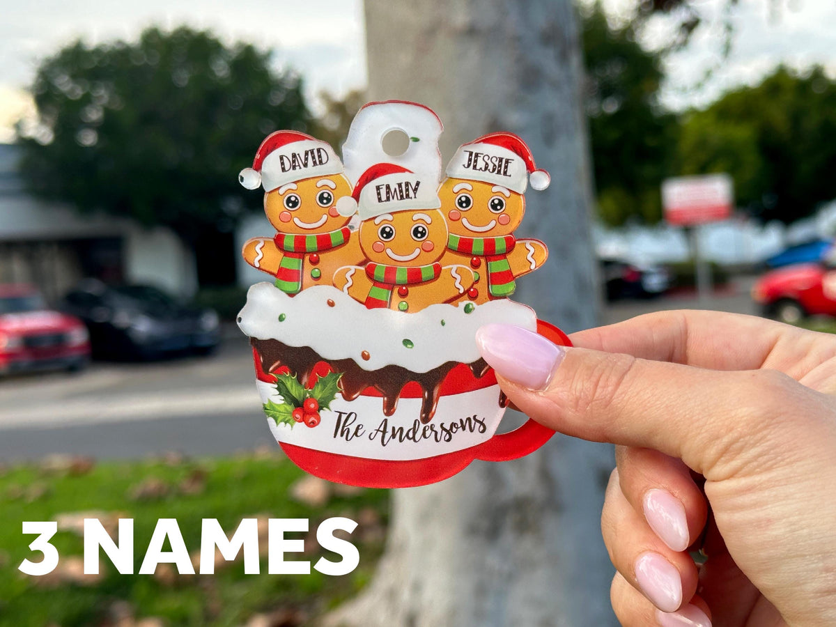 Personalized Clear Gingerbread Family Christmas Ornament – Customizable with Up to 9 Names and Bottom Text, Personalized Holiday Ornament