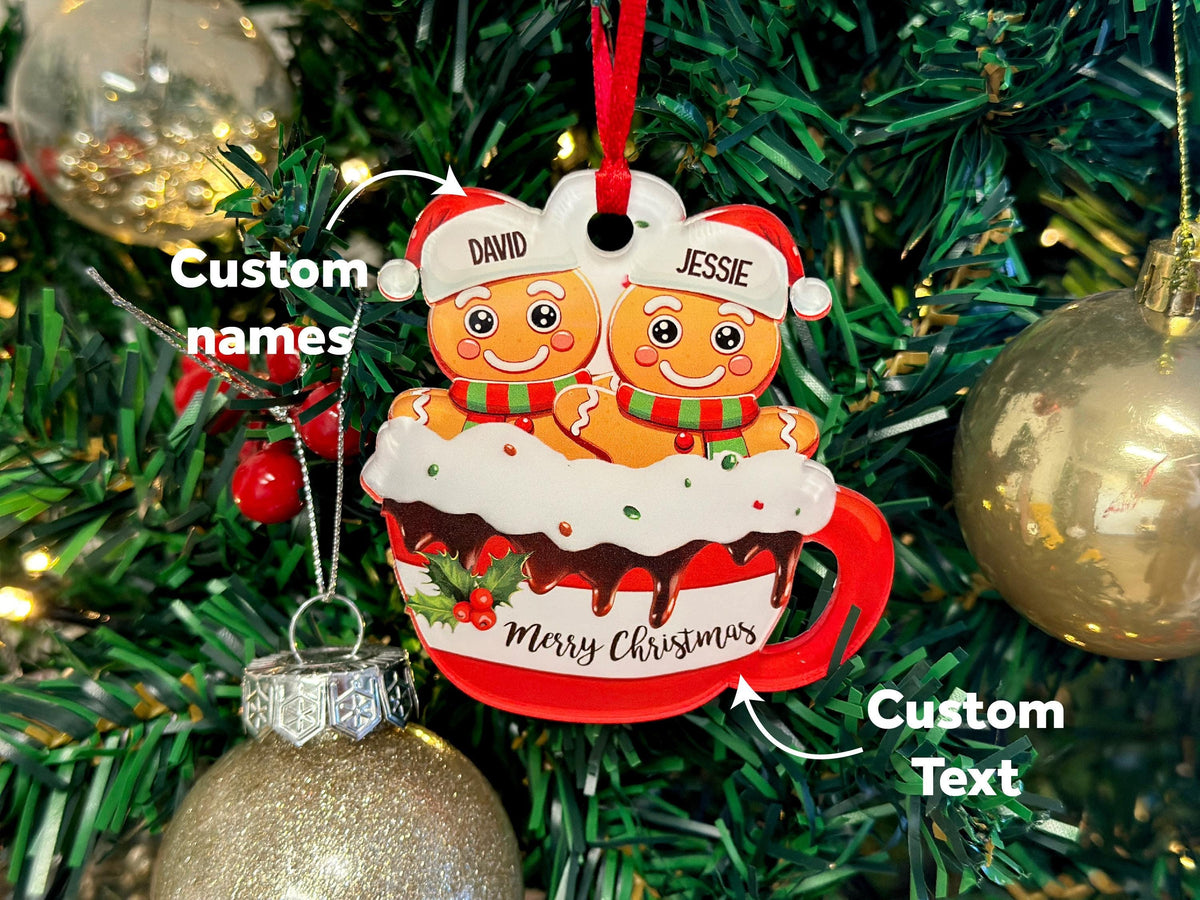 Personalized Clear Gingerbread Family Christmas Ornament – Customizable with Up to 9 Names and Bottom Text, Personalized Holiday Ornament