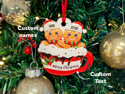 Personalized Clear Gingerbread Family Christmas Ornament – Customizable with Up to 9 Names and Bottom Text, Personalized Holiday Ornament