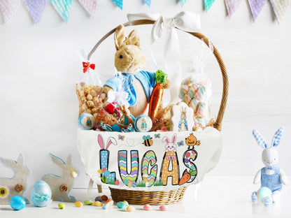 Personalized Easter Basket Liner, Custom Name Bunny Fabric Liner for Kids, Easter Egg Hunt Gift, Spring Decor Basket with Name or Monogram