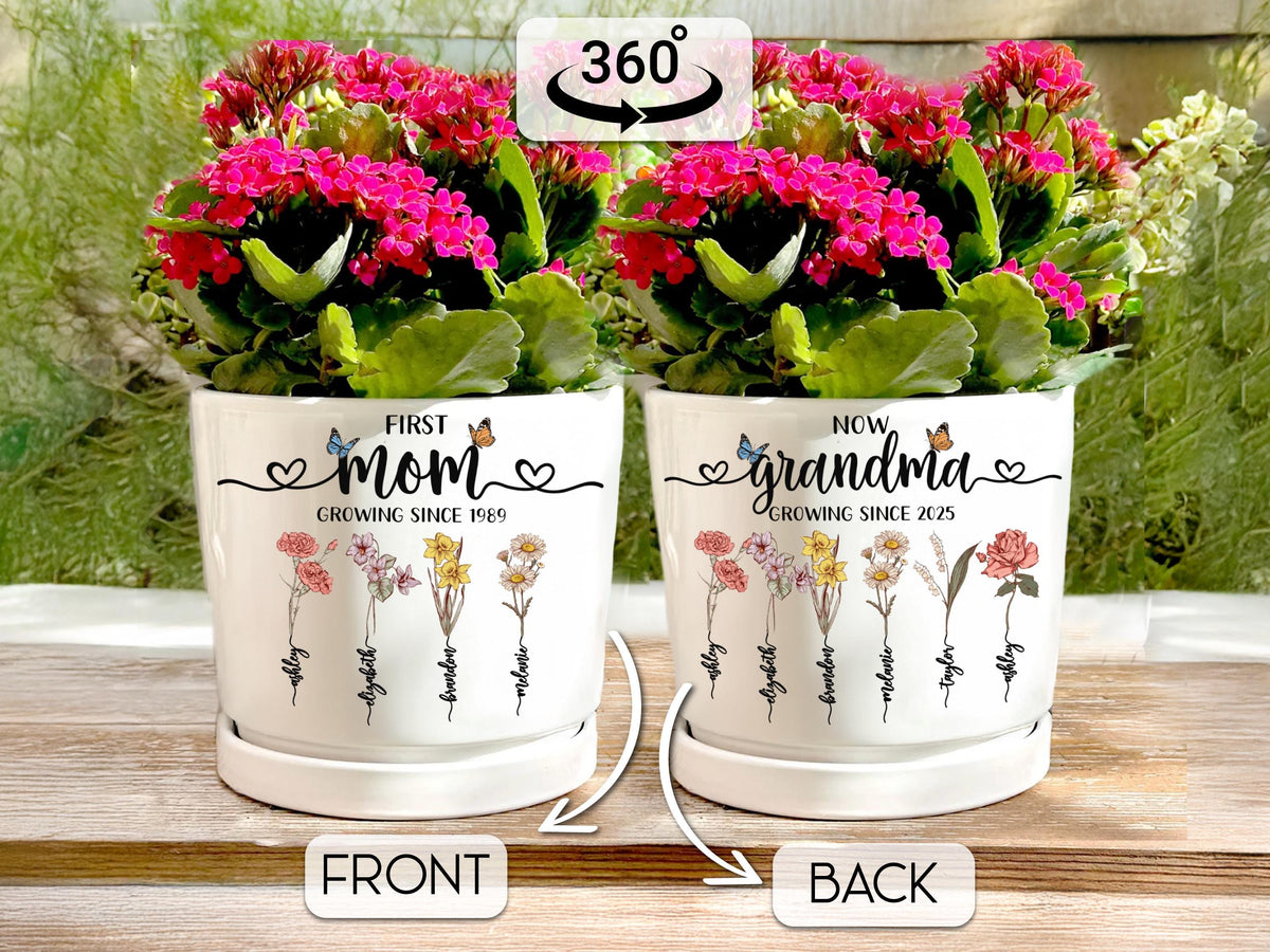 Personalized Grandma's Garden Plant Pot, First Mom Now Grandma Birthday Gift, Birth Month Flower Pot, Custom Mother's Day Gift for Mom Nana