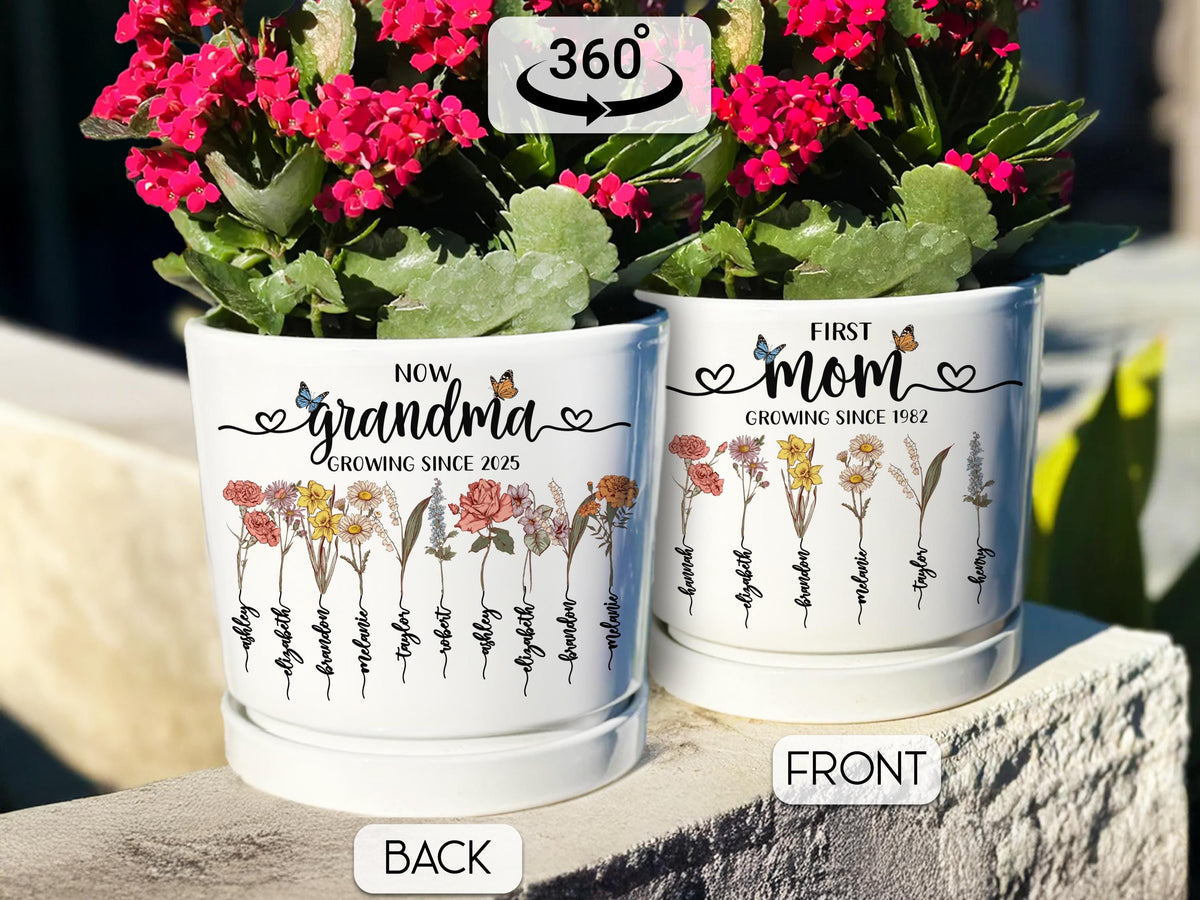 Personalized Grandma's Garden Plant Pot, First Mom Now Grandma Birthday Gift, Birth Month Flower Pot, Custom Mother's Day Gift for Mom Nana