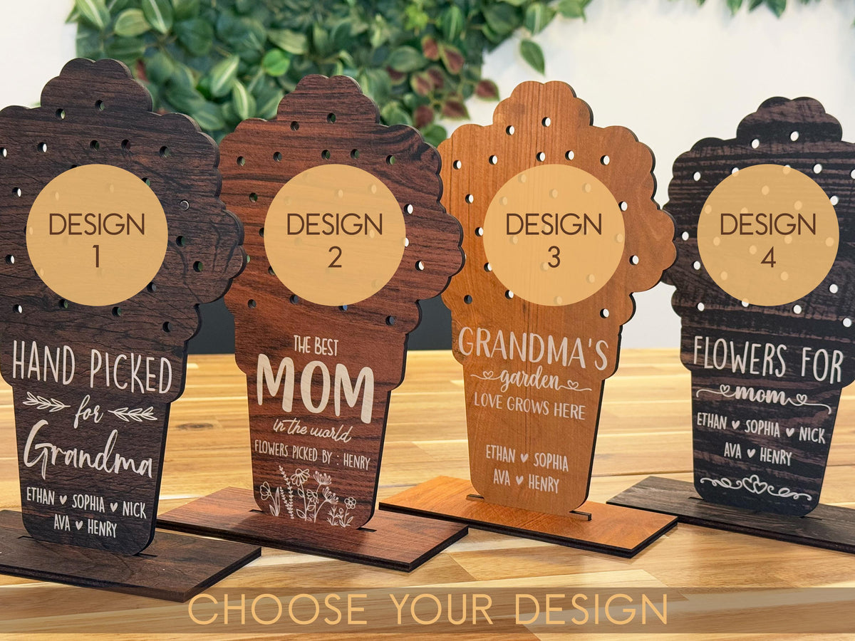 Mother's Day Hand Picked Flower Holder for Grandma Mom, Custom Name Floral Gift, Personalized Wooden Flower Holder for Mom & Grandma Gifts
