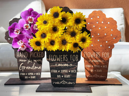 Mother's Day Hand Picked Flower Holder for Grandma Mom, Custom Name Floral Gift, Personalized Wooden Flower Holder for Mom & Grandma Gifts