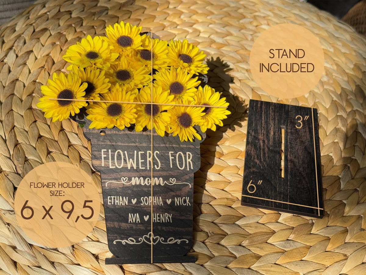 Mother's Day Hand Picked Flower Holder for Grandma Mom, Custom Name Floral Gift, Personalized Wooden Flower Holder for Mom & Grandma Gifts