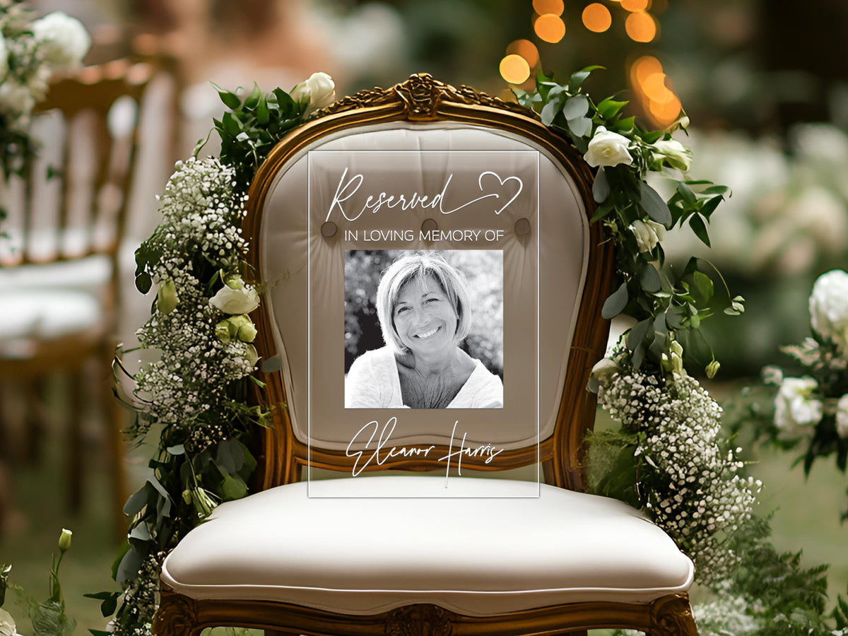 Memorial Chair Sign, In Loving Memory Wedding Sign, Reserved Seat Photo Plaque, Custom Funeral Chair Sign, Celebration of Life Decor