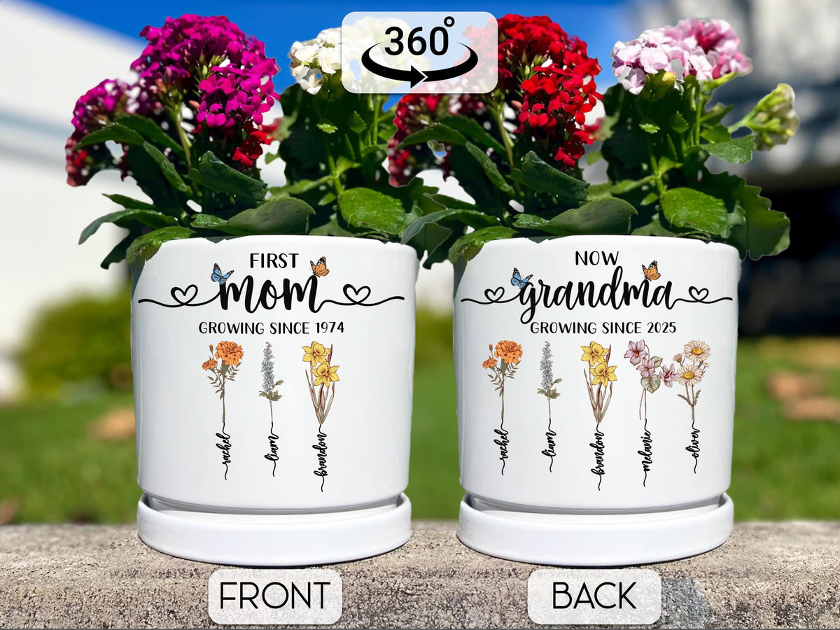Personalized Grandma's Garden Plant Pot, First Mom Now Grandma Birthday Gift, Birth Month Flower Pot, Custom Mother's Day Gift for Mom Nana