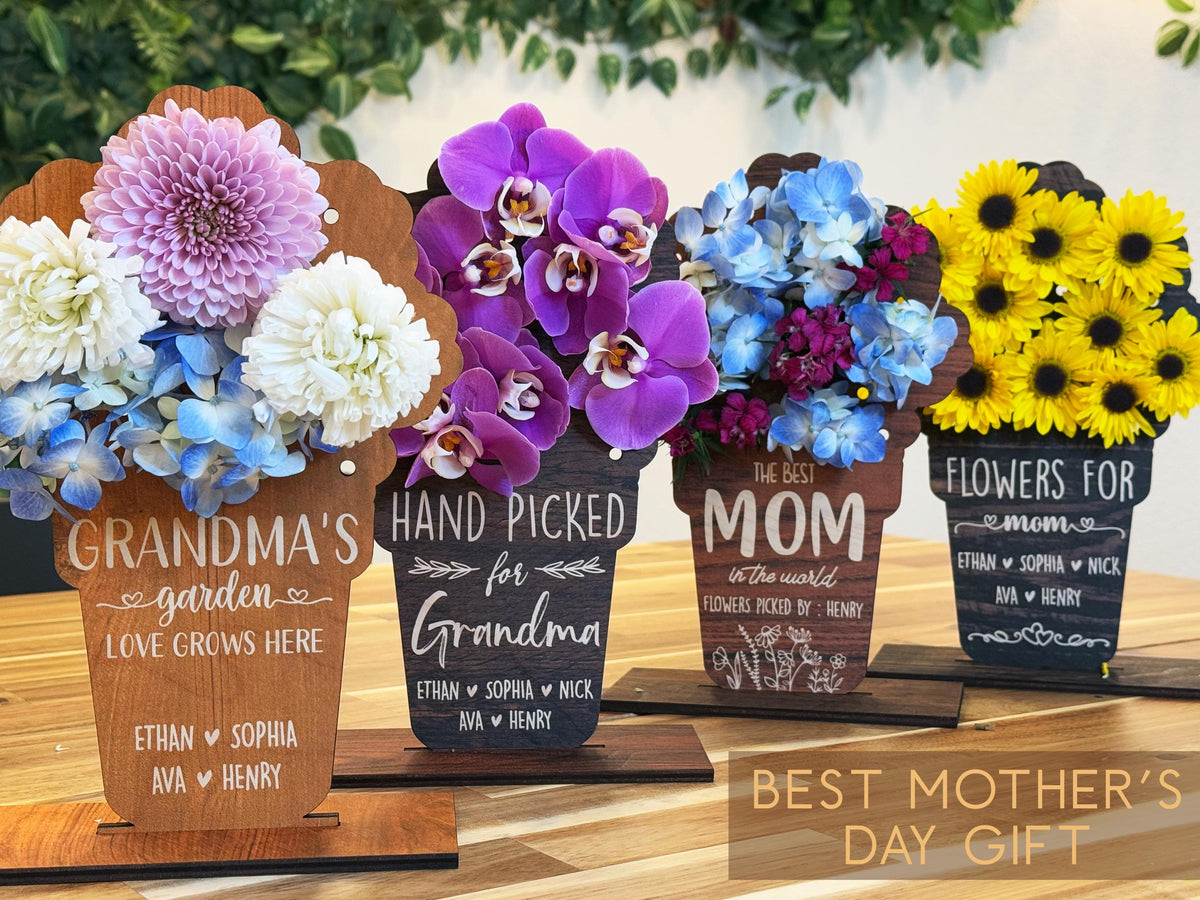 Mother's Day Hand Picked Flower Holder for Grandma Mom, Custom Name Floral Gift, Personalized Wooden Flower Holder for Mom & Grandma Gifts