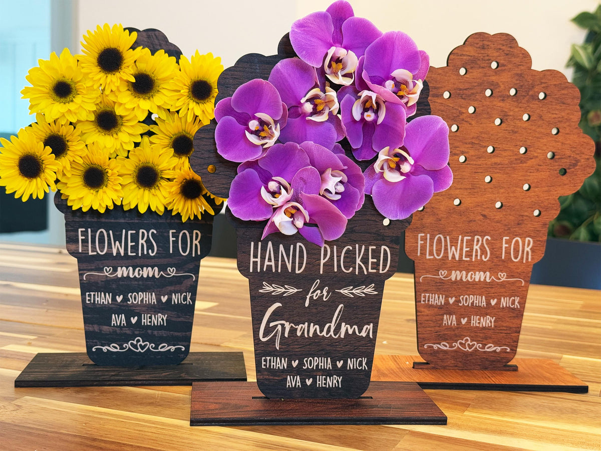 Mother's Day Hand Picked Flower Holder for Grandma Mom, Custom Name Floral Gift, Personalized Wooden Flower Holder for Mom & Grandma Gifts