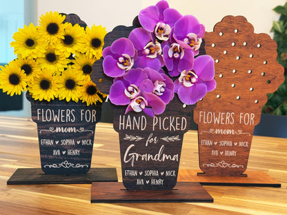 Mother's Day Hand Picked Flower Holder for Grandma Mom, Custom Name Floral Gift, Personalized Wooden Flower Holder for Mom & Grandma Gifts