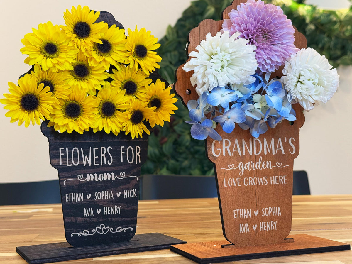 Mother's Day Hand Picked Flower Holder for Grandma Mom, Custom Name Floral Gift, Personalized Wooden Flower Holder for Mom & Grandma Gifts
