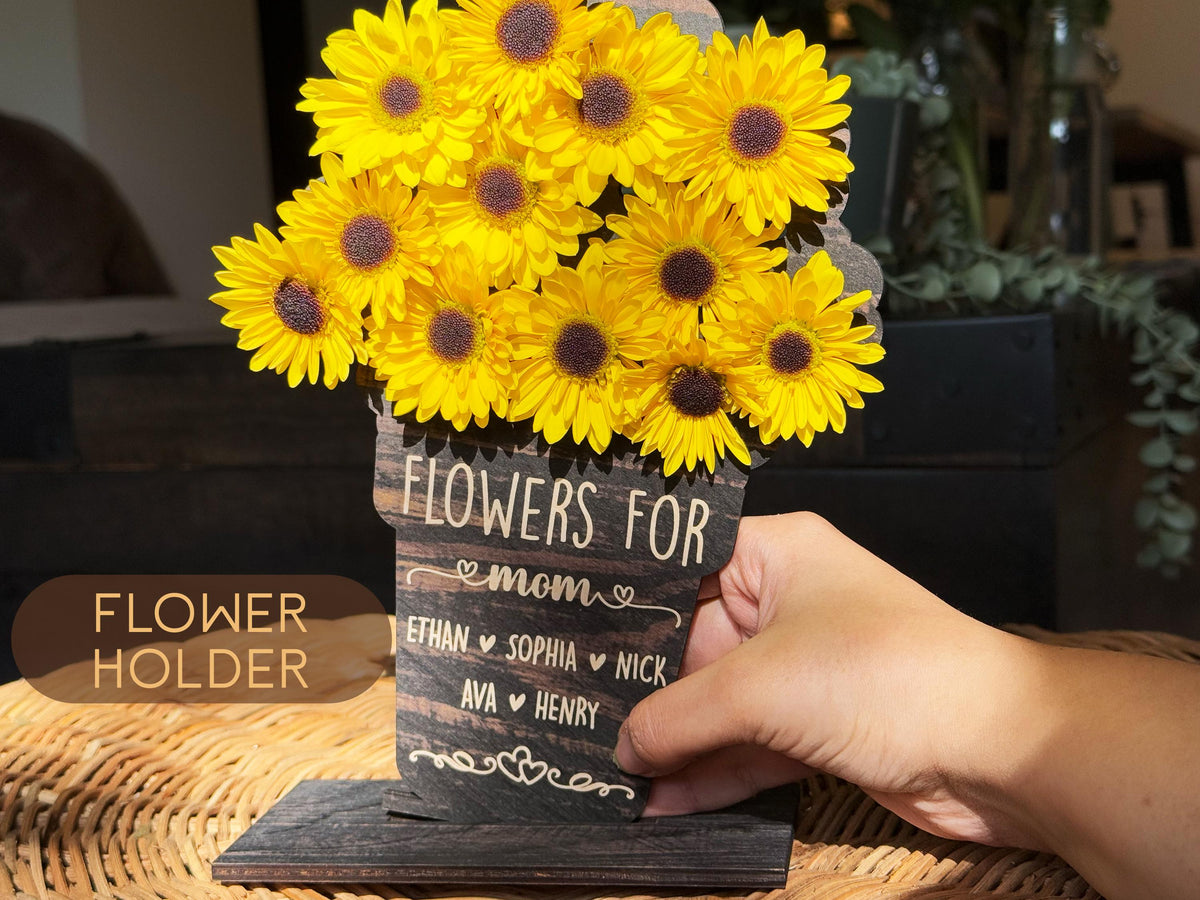 Mother's Day Hand Picked Flower Holder for Grandma Mom, Custom Name Floral Gift, Personalized Wooden Flower Holder for Mom & Grandma Gifts