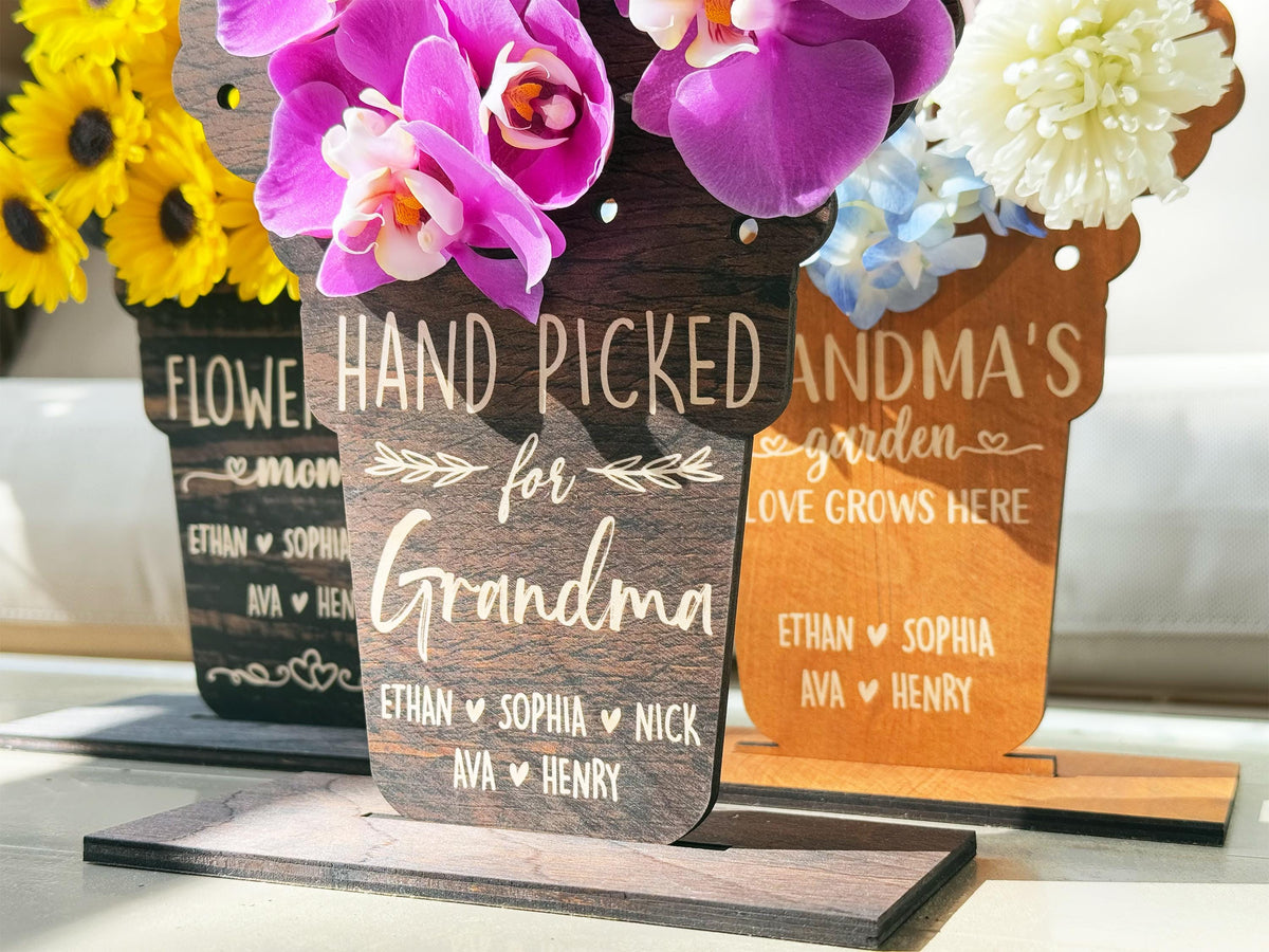 Mother's Day Hand Picked Flower Holder for Grandma Mom, Custom Name Floral Gift, Personalized Wooden Flower Holder for Mom & Grandma Gifts