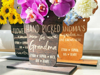 Mother's Day Hand Picked Flower Holder for Grandma Mom, Custom Name Floral Gift, Personalized Wooden Flower Holder for Mom & Grandma Gifts