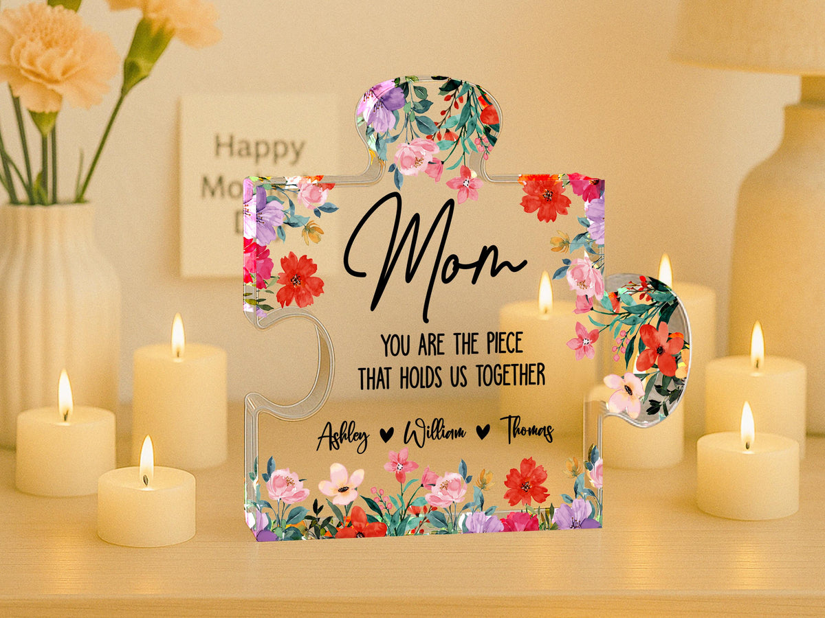Personalized Mother's Day Puzzle Gift for Mom, Grandma, Nana, Custom Acrylic Piece That Holds Us Together, Puzzle Piece Sign with Kids Names