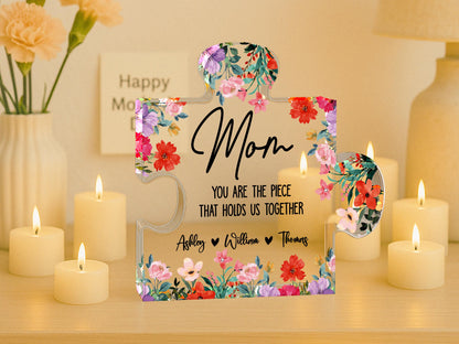 Personalized Mother's Day Puzzle Gift for Mom, Grandma, Nana, Custom Acrylic Piece That Holds Us Together, Puzzle Piece Sign with Kids Names