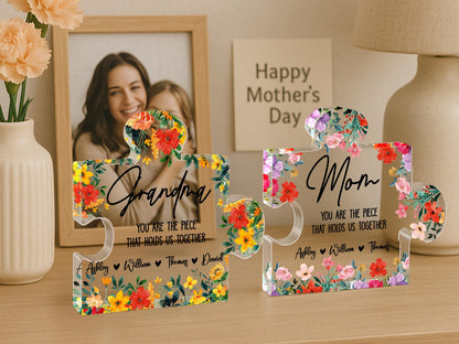 Personalized Mother's Day Puzzle Gift for Mom, Grandma, Nana, Custom Acrylic Piece That Holds Us Together, Puzzle Piece Sign with Kids Names