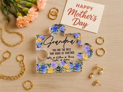Personalized Mother's Day Puzzle Gift for Mom, Grandma, Nana, Custom Acrylic Piece That Holds Us Together, Puzzle Piece Sign with Kids Names