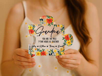 Personalized Mother's Day Puzzle Gift for Mom, Grandma, Nana, Custom Acrylic Piece That Holds Us Together, Puzzle Piece Sign with Kids Names