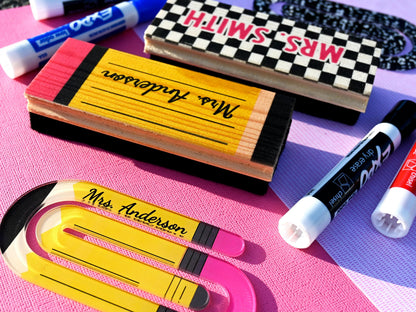 Personalized Teacher Appreciation Gift Set – Custom Whiteboard Eraser, Acrylic Paper Clip & Marker, Back to School Gift, Teacher Present
