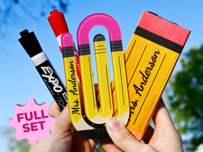 Personalized Teacher Appreciation Gift Set – Custom Whiteboard Eraser, Acrylic Paper Clip & Marker, Back to School Gift, Teacher Present