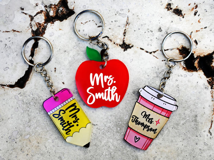 Custom Teacher Keychain, Pencil, Apple, Rainbow, Coffee Shapes, Cute Teacher Appreciation Gift, Personalized Teacher Graduation Gift