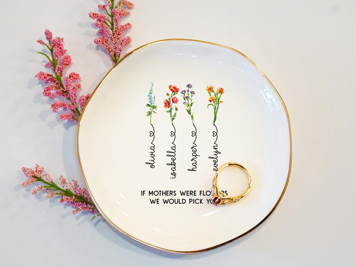 Personalized Birth Flower Ring Dish with Name, Custom Trinket Dish, Jewelry Tray Gift for Mom, Wife, Daughter, Floral Mother’s Day Gifts