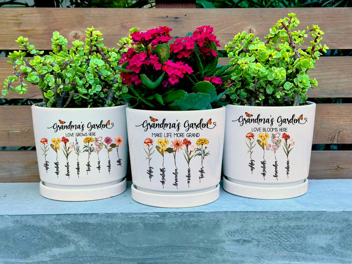 Custom Grandma’s Garden Planter, Personalized Pot with Kids Names & Birth Flowers, Mother’s Day Gift for Mom, Nana or Grandma, Family Pot