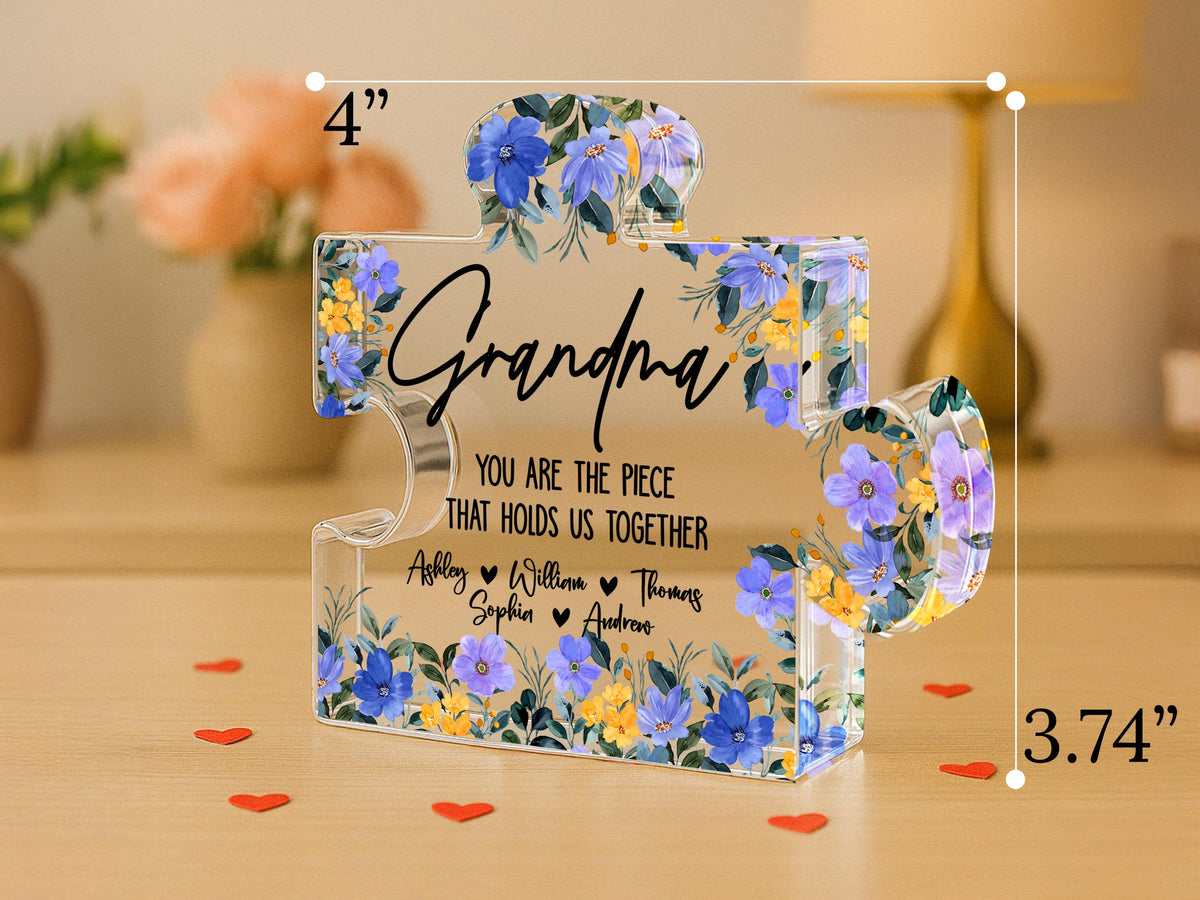 Personalized Mother's Day Puzzle Gift for Mom, Grandma, Nana, Custom Acrylic Piece That Holds Us Together, Puzzle Piece Sign with Kids Names