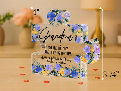 Personalized Mother's Day Puzzle Gift for Mom, Grandma, Nana, Custom Acrylic Piece That Holds Us Together, Puzzle Piece Sign with Kids Names