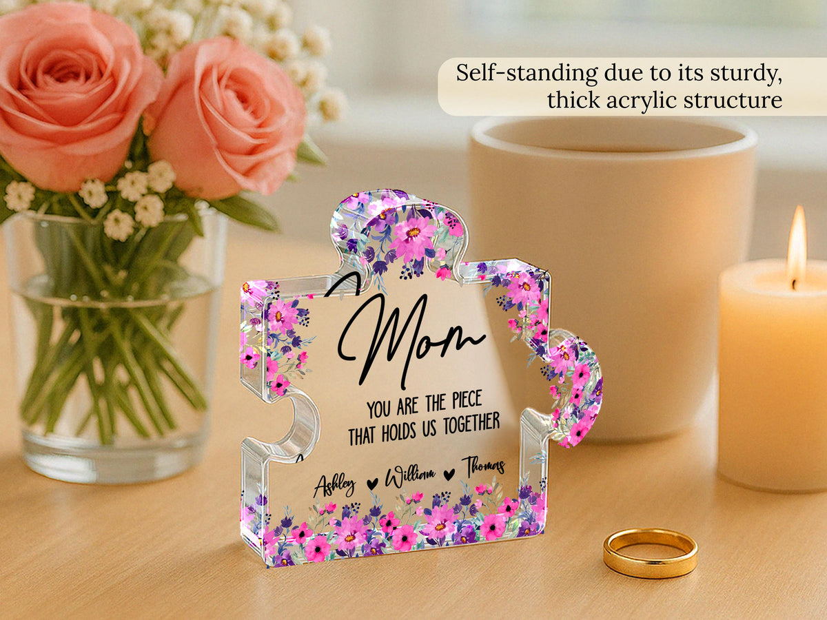 Personalized Mother's Day Puzzle Gift for Mom, Grandma, Nana, Custom Acrylic Piece That Holds Us Together, Puzzle Piece Sign with Kids Names