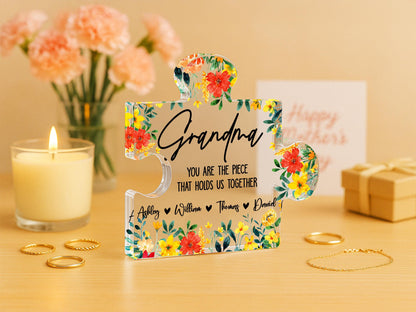 Personalized Mother's Day Puzzle Gift for Mom, Grandma, Nana, Custom Acrylic Piece That Holds Us Together, Puzzle Piece Sign with Kids Names