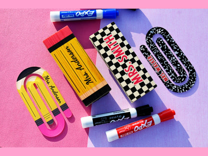 Personalized Teacher Appreciation Gift Set – Custom Whiteboard Eraser, Acrylic Paper Clip & Marker, Back to School Gift, Teacher Present