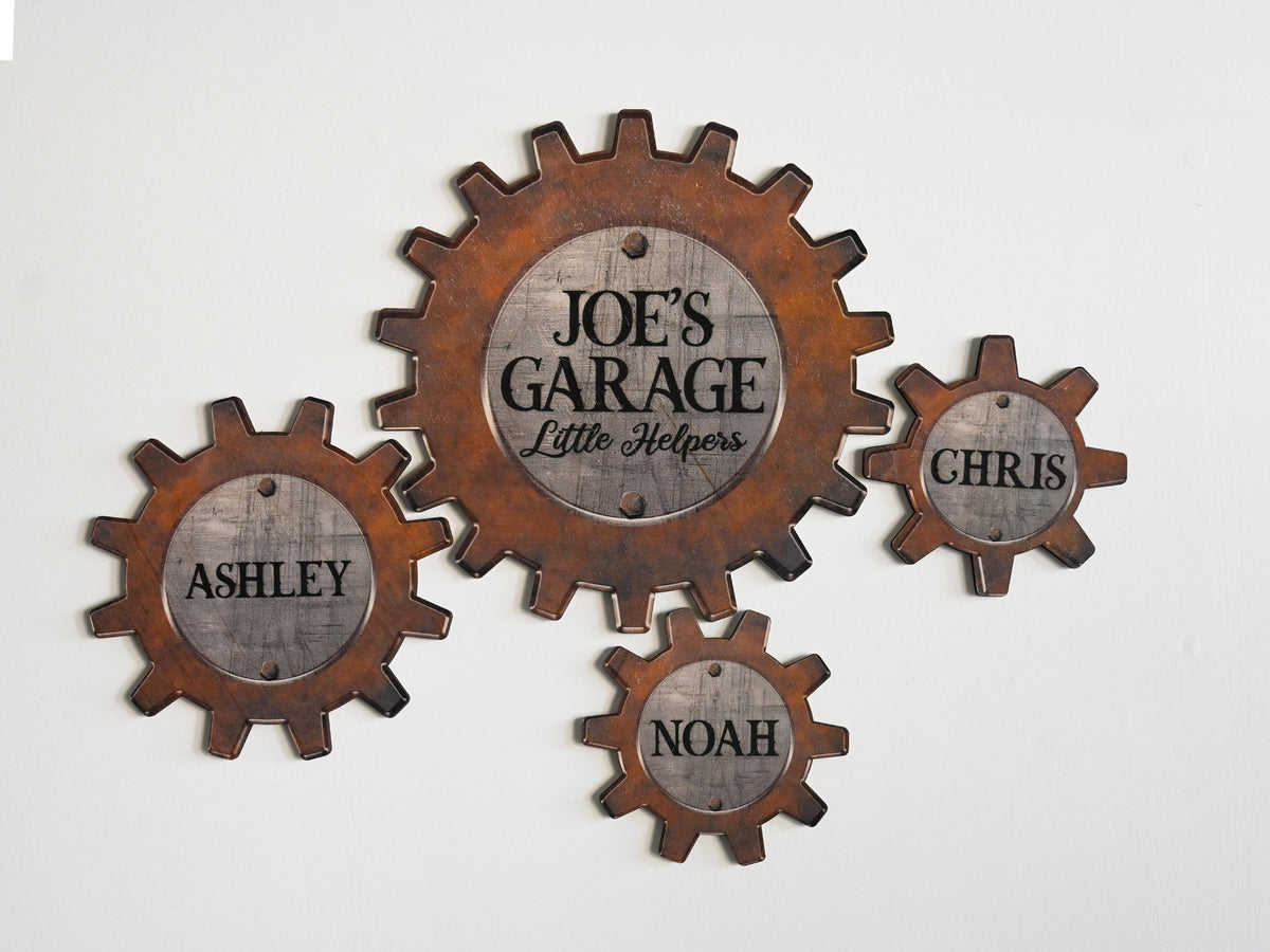 Personalized Dad's Garage Gear Sign, Dad Gift for Fathers Day, Wall Decor Garage Sign for Dad, Grandkids Name Sign For Grandpa Workshop Sign