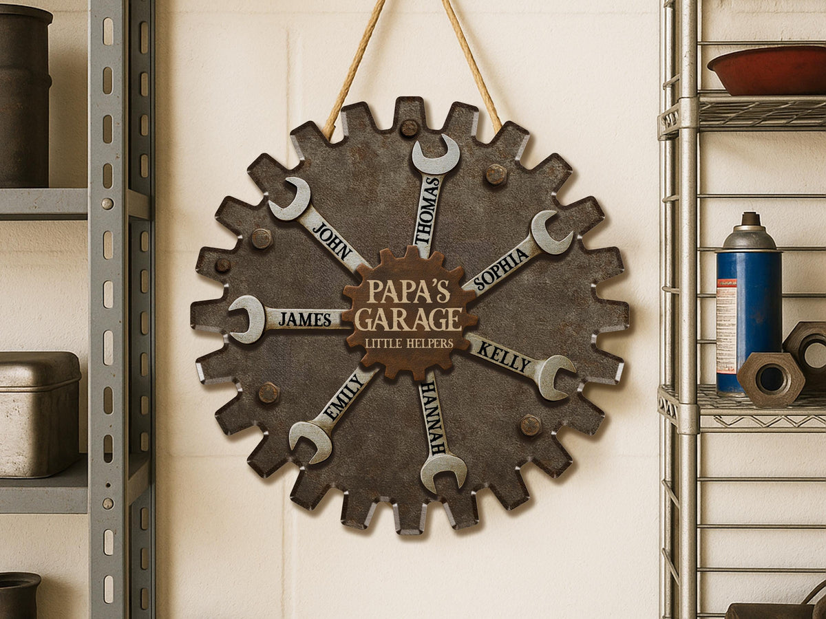 Personalized Garage Sign for Dad, Custom Father's Day Gift with Kids' Names, Rustic Workshop Wall Decor, Grandpa Wood Sign, Little Helpers