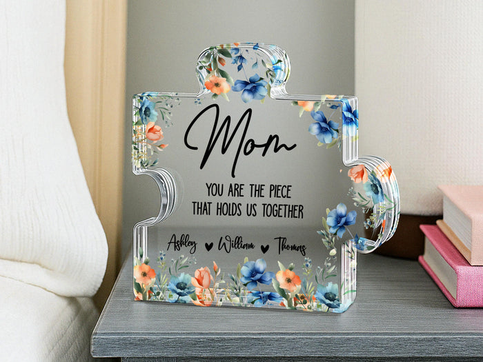 Personalized Mother's Day Puzzle Gift for Mom, Grandma, Nana, Custom Acrylic Piece That Holds Us Together, Puzzle Piece Sign with Kids Names