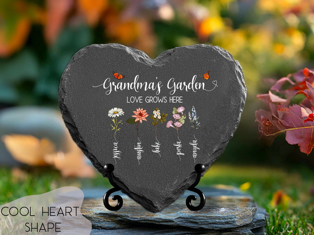 Personalized Grandma’s Garden Slate Heart, Custom Birth Month Flower Gift for Mother’s Day, Gift from Grandkids, Gardener Gift, Gift For Mom