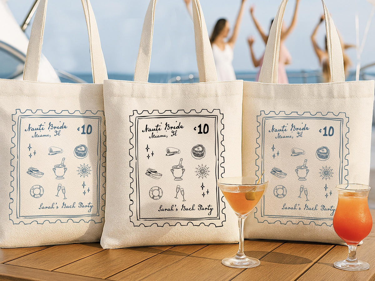 Custom Bachelorette Tote Bag for Her, Beach Bag, Bachelorette Party Favors, Wedding Tote Bags, Beach Tote Bag for Girls Trip Stamp Tote