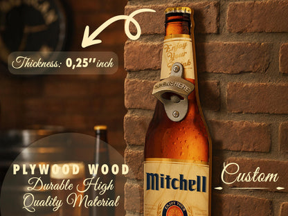Personalized Beer Opener Fathers Day Gift For Dad, Custom Wall Mounted Beer Bottle Opener Wood Sign Gift for Him, Man Cave Bar Decoration