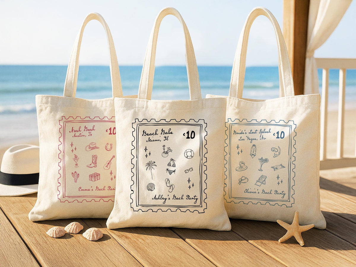 Custom Bachelorette Tote Bag for Her, Beach Bag, Bachelorette Party Favors, Wedding Tote Bags, Beach Tote Bag for Girls Trip Stamp Tote